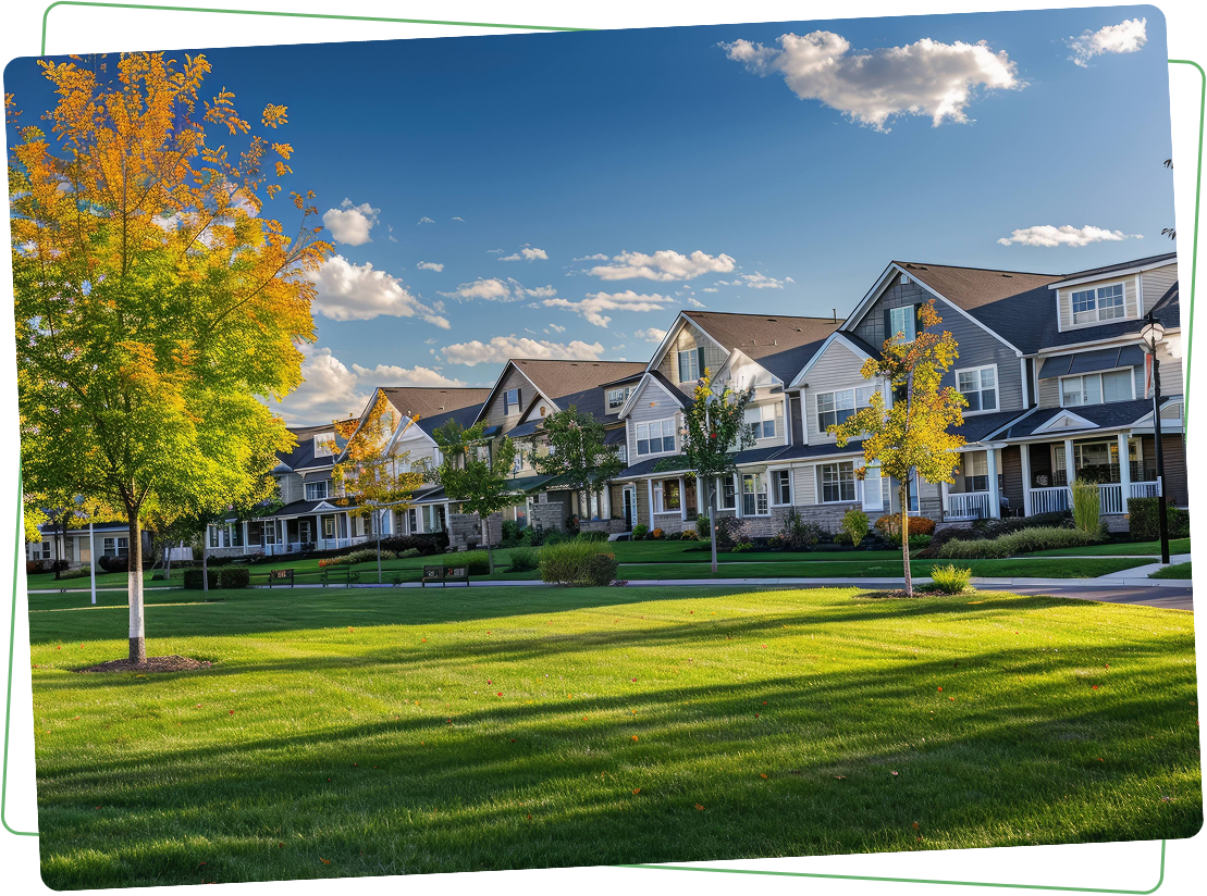 Group 1 (2) A row of houses with green grass in front.